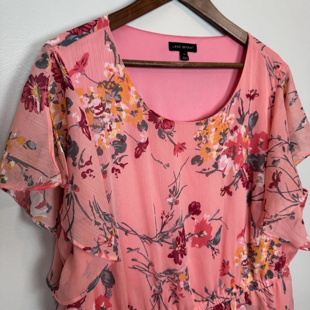 LANE BRYANT ESTHER FLORAL SPLIT SLEEVE RUFFLE MIDI DRESS SZ 18 Womens Hi-Low